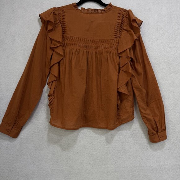 ASTR The Label Blouse Womens XS Ruffle Long Sleeve Button Top Ginger Brown - Picture 5 of 10